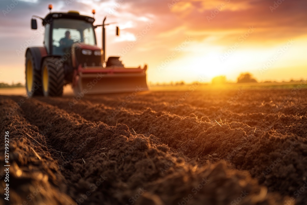 Fototapeta premium Tractor plowing field at sunset with rich soil and vibrant sky.