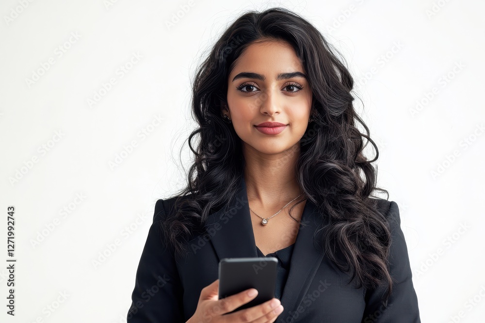 Indian or arabic woman in business suit holding cellphone looking at camera Happy young middle Indian or arabic woman in business suit holding cellphone looking at camera Happy young middle