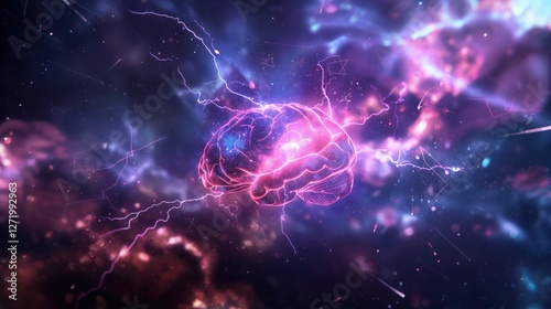 glowing pink human brain with crackling pulsing electrifying cosmic energy in mysterious deep space background concept of neuroscience, mental health
