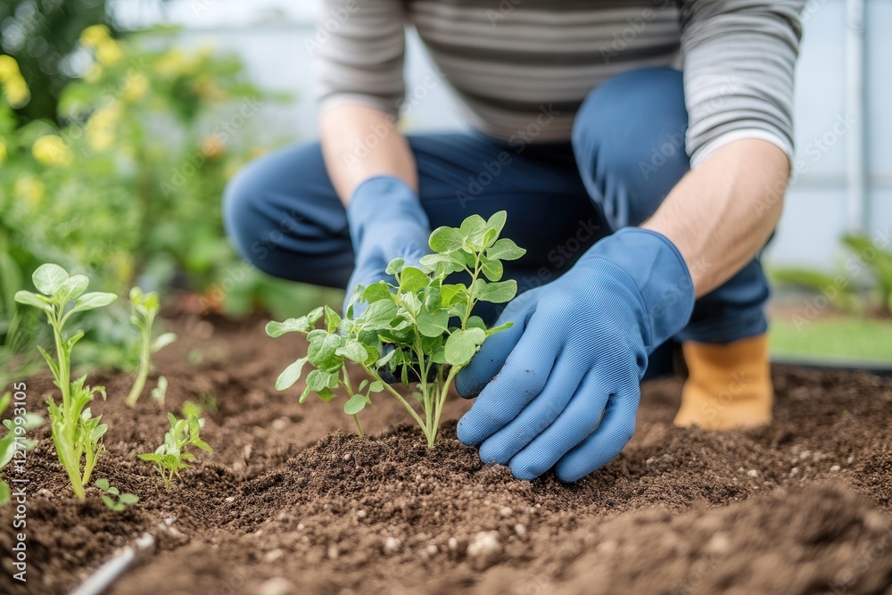 Fototapeta premium Young adult caucasian male gardening: planting green seedlings with blue gloves in spring garden.