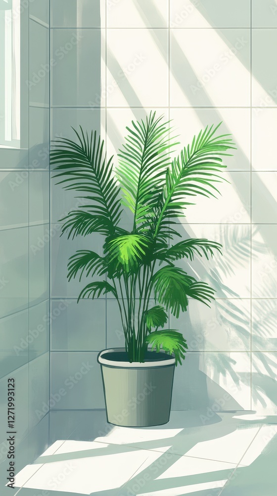 Fototapeta premium Potted plant stands bathed in sunlight against tiled wall