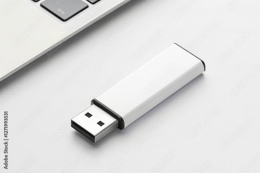 White usb flash drive next to laptop on white surface. White usb flash drive next to laptop on white surface.