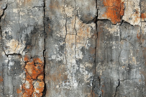 Abstract texture of aged wall surface with deep cracks and peeling paint, showcasing the effects of time and weathering on vintage structure facade background. photo