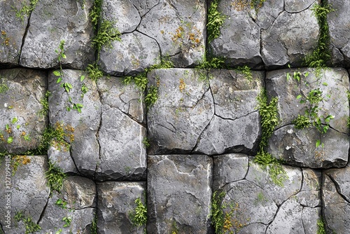 Close-up of a gray stone wall with green vegetation, showing textured rock surfaces, moss, and plant life, creating a natural and organic background design.