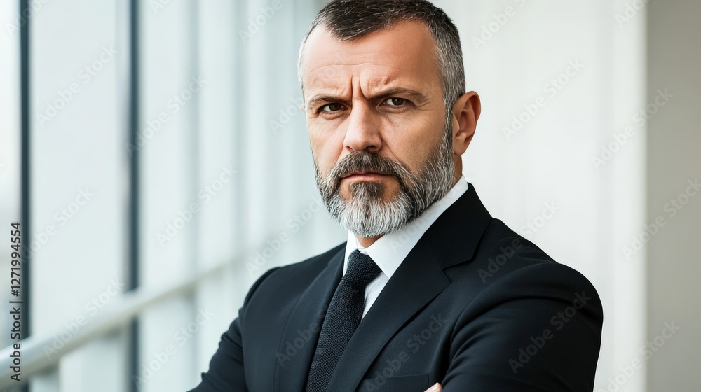 Confident business executive with intense gaze wearing formal suit standing in modern office corridor symbolizing leadership authority and corporate success in professional setting Confident business executive with intense gaze wearing formal suit standing in modern office corridor symbolizing leadership authority and corporate success in professional setting
