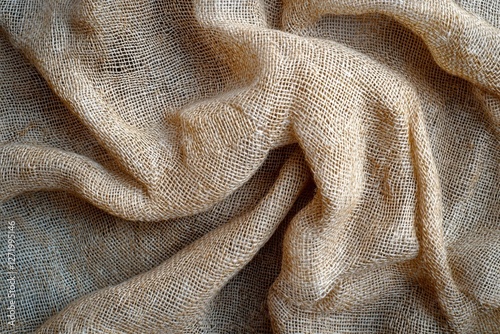 Abstract texture of natural burlap fabric with soft folds and organic patterns, creating a rustic and earthy backdrop for design projects, inviting and tactile.