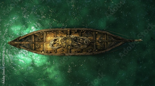 Overhead view of ancient wooden ship with dragon carving on ocean. photo