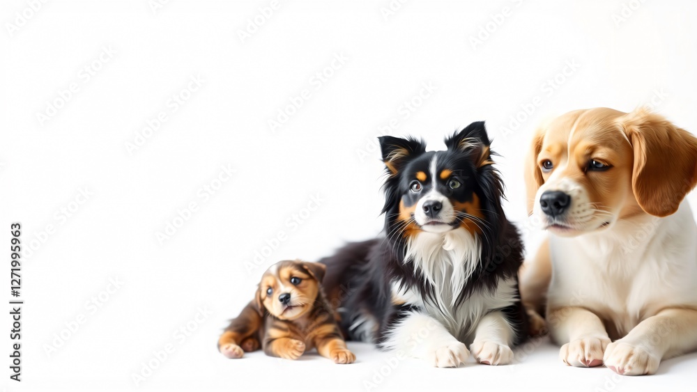Three Adorable Puppies Beagle, Mini Aussie, and Small Mixed Breed Puppy on White Background Three Adorable Puppies Beagle, Mini Aussie, and Small Mixed Breed Puppy on White Background