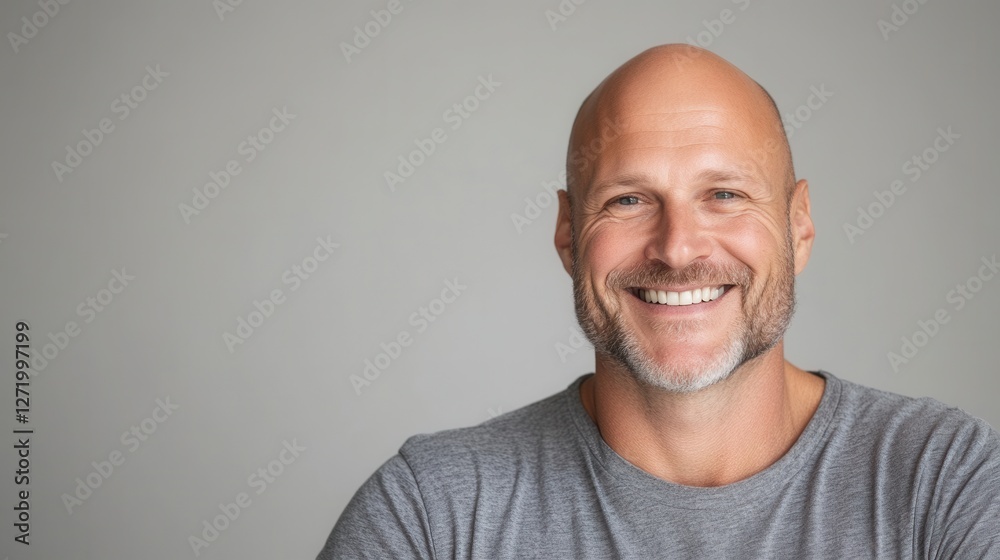 Smiling bald caucasian male adult with beard in grey shirt.