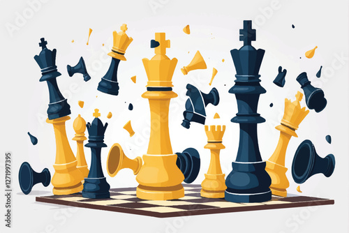 Falling chess pieces on the board isolated on transparent background