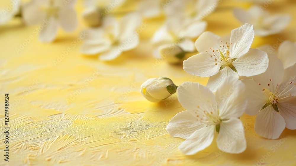 White jasmine flowers bloom on a bright textured yellow surface White jasmine flowers bloom on a bright textured yellow surface
