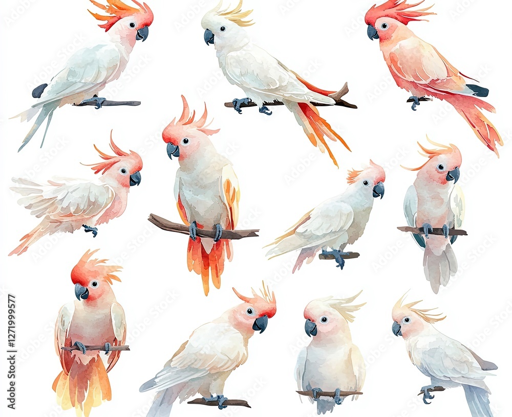 Obraz premium Colorful cockatoos perched on branches in vibrant watercolor style