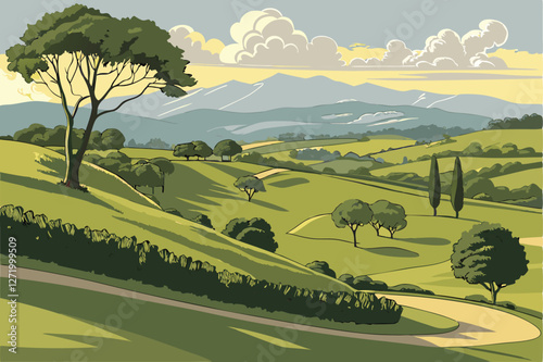 Lush green rolling hills, Manicured topiary trees, Golden evening sunlight, Distant majestic mountains, Fluffy white clouds, Clear blue sky, Perfectly trimmed grass, Curving landscape lines, Serene