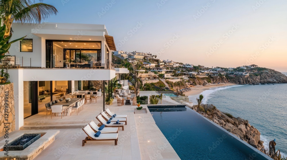 Obraz premium Luxury beachfront villa with infinity pool at sunset.