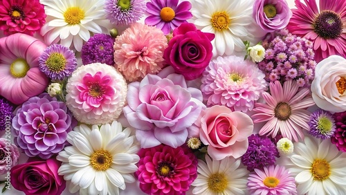 Beautiful Assorted Flowers Collection – Pink, White, and Purple Floral Varieties Including Roses, Daisies, and Chrysanthemums on a Clean White Background
