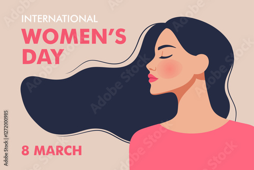 Celebrating International Women's Day on March 8. Woman empowerment and recognition of female contributions. Woman with flowing hair, symbolizing strength and grace. Vector illustration.