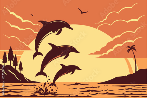  Silhouettes of dolphins jumping, golden sunset over ocean, vibrant orange sky, dramatic clouds, calm sea reflection, serene seascape, majestic marine life, nature photography, high contrast, backli