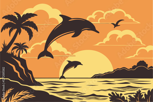  Silhouettes of dolphins jumping, golden sunset over ocean, vibrant orange sky, dramatic clouds, calm sea reflection, serene seascape, majestic marine life, nature photography, high contrast, backli