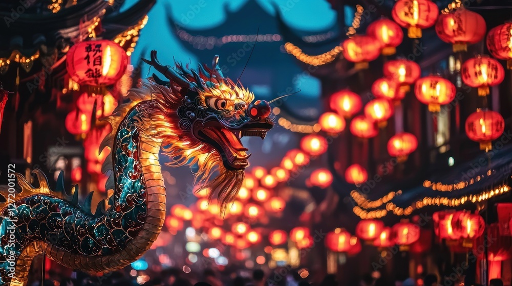 Obraz premium Dragon statue at night, illuminated by lanterns.
