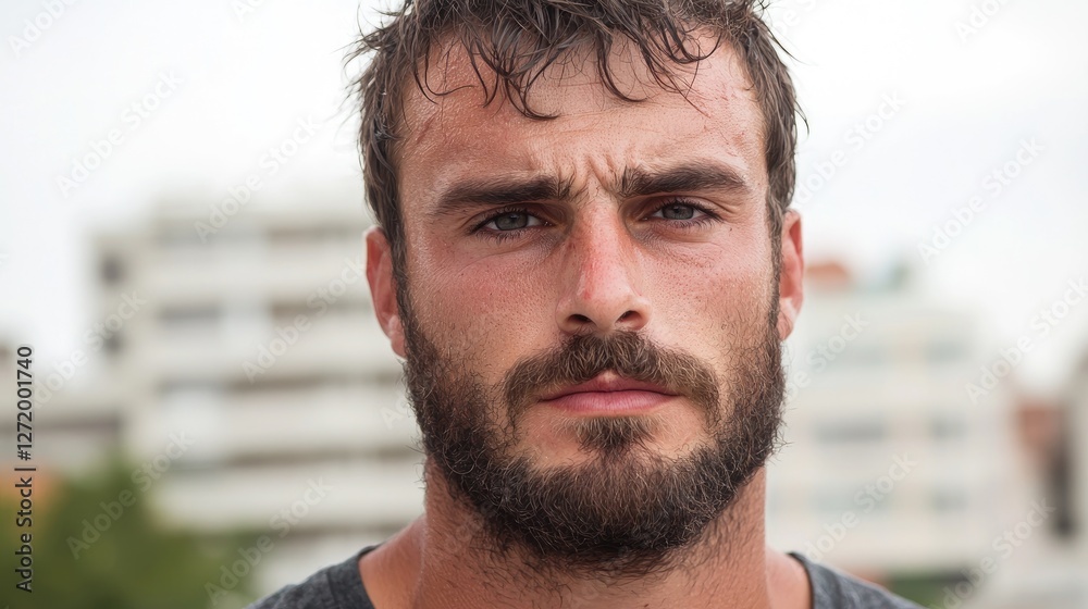 Fototapeta premium Serious man, urban background, portrait, website profile