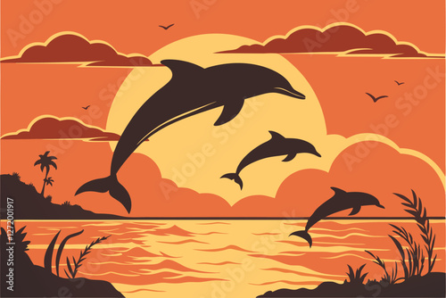  Silhouettes of dolphins jumping, golden sunset over ocean, vibrant orange sky, dramatic clouds, calm sea reflection, serene seascape, majestic marine life, nature photography, high contrast, backli