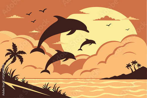  Silhouettes of dolphins jumping, golden sunset over ocean, vibrant orange sky, dramatic clouds, calm sea reflection, serene seascape, majestic marine life, nature photography, high contrast, backli