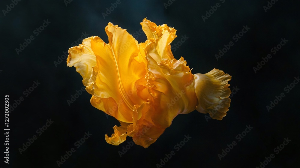 Fototapeta premium A golden yellow tulip, fully open, its petals curling outward, softly lit from the side, deep black void background, ultra-high resolution, cinematic look