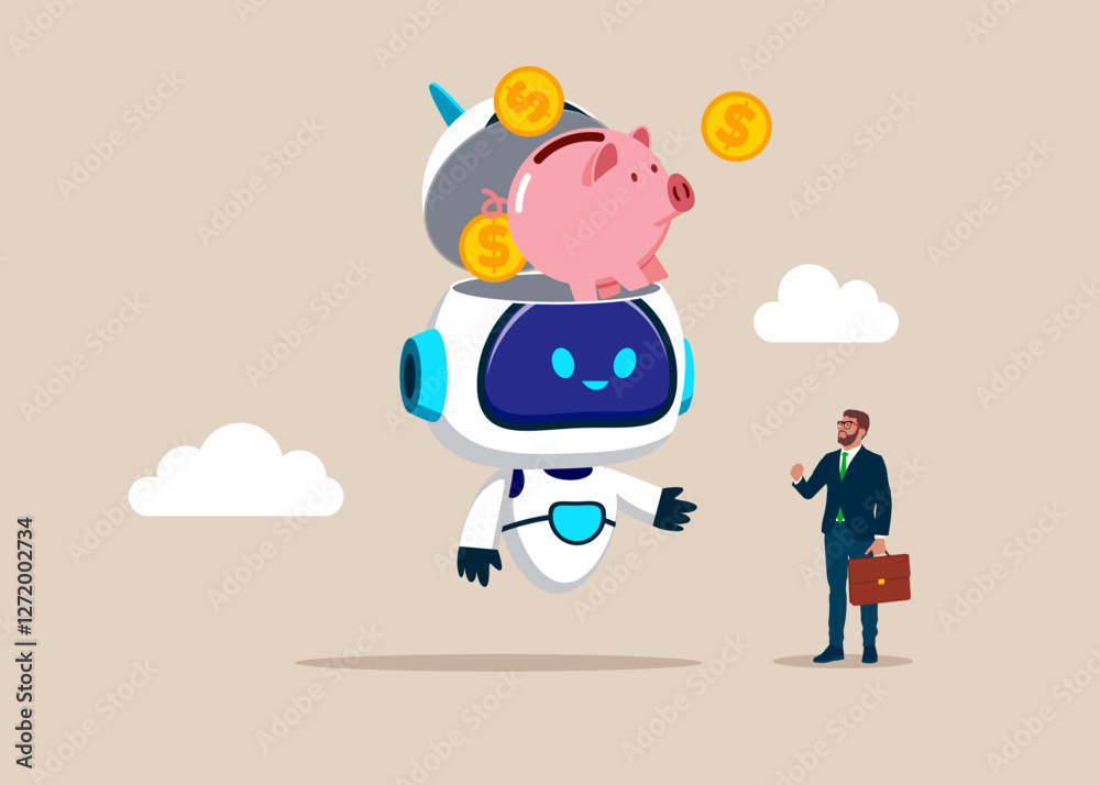 Robot open lightbulb to see piggy bank with coins. Return profit, returns from the costs that have been invested. Modern vector illustration in flat style