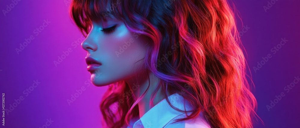 Profile of a young woman with colorful red and purple hair illuminated by neon lights Cyberpunk or synthwave style portrait with a futuristic and vibrant color scheme Concept of beauty, fashion, and n Profile of a young woman with colorful red and purple hair illuminated by neon lights Cyberpunk or synthwave style portrait with a futuristic and vibrant color scheme Concept of beauty, fashion, and n