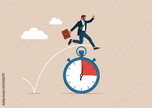 Businessman jump past the countdown stopwatch. Optimization and productivity. The sense of urgency, the reaction to priority tasks. Flat vector illustration