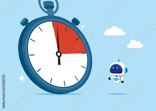 Robot look deadline, timer and punctuality, deadline stopwatch, optimization and productivity. The sense of urgency, the reaction to priority tasks. Flat vector illustration