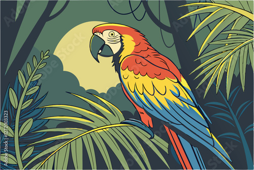  Vibrant macaw parrot, colorful plumage, jungle setting, lush green foliage, detailed feathers, bright yellow and red head, blue and green wings, sharp curved beak, piercing eye, tropical rainforest