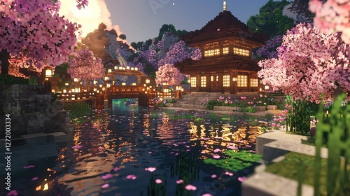 Serene Japanese garden at sunset, with cherry blossoms, wooden bridge, and temple.