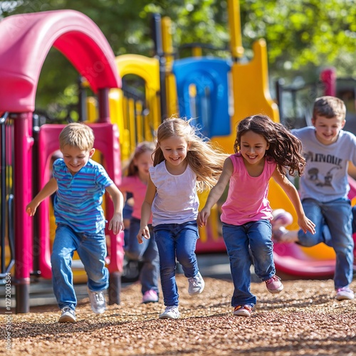 Fototapeta Naklejka Na Ścianę i Meble -  Children running joyfully at playground