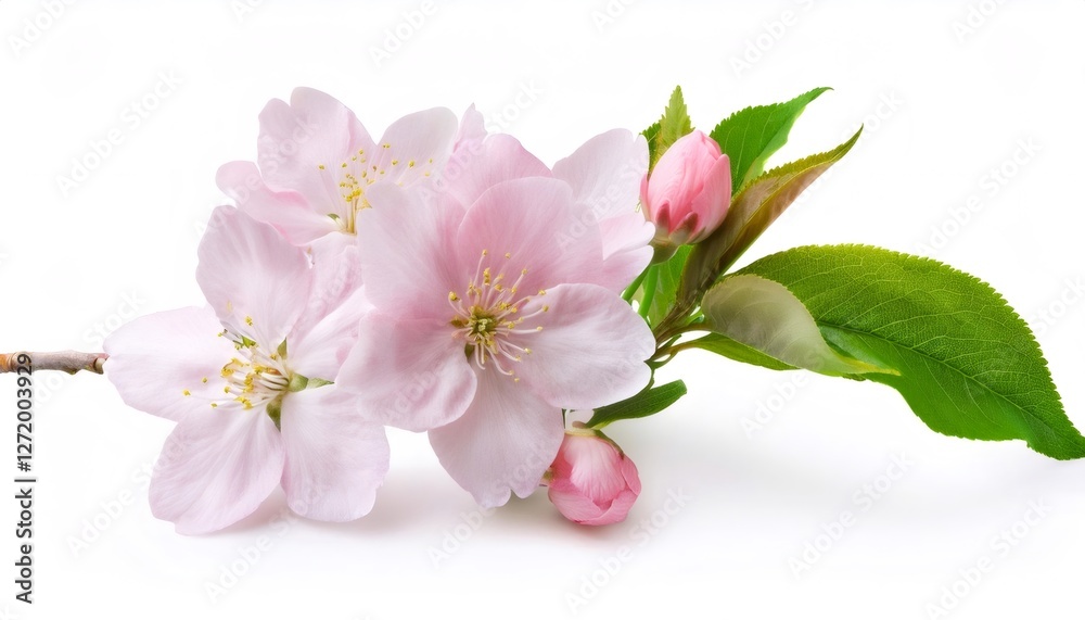 Delicate pink cherry blossom branch featuring soft petals and verdant green leaves, symbolizing springtime renewal against pristine white backdrop Delicate pink cherry blossom branch featuring soft petals and verdant green leaves, symbolizing springtime renewal against pristine white backdrop