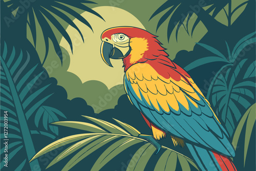  Vibrant macaw parrot, colorful plumage, jungle setting, lush green foliage, detailed feathers, bright yellow and red head, blue and green wings, sharp curved beak, piercing eye, tropical rainforest