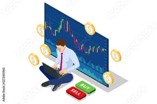 Isometric of a trader sitting on a laptop with a large financial screen showing stock market graphs and Buy Sell buttons. Stock trading, cryptocurrency, forex, investment.