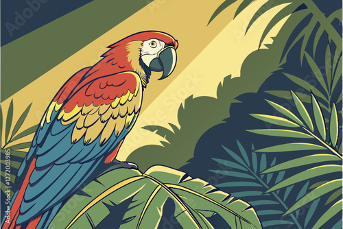  Vibrant macaw parrot, colorful plumage, jungle setting, lush green foliage, detailed feathers, bright yellow and red head, blue and green wings, sharp curved beak, piercing eye, tropical rainforest