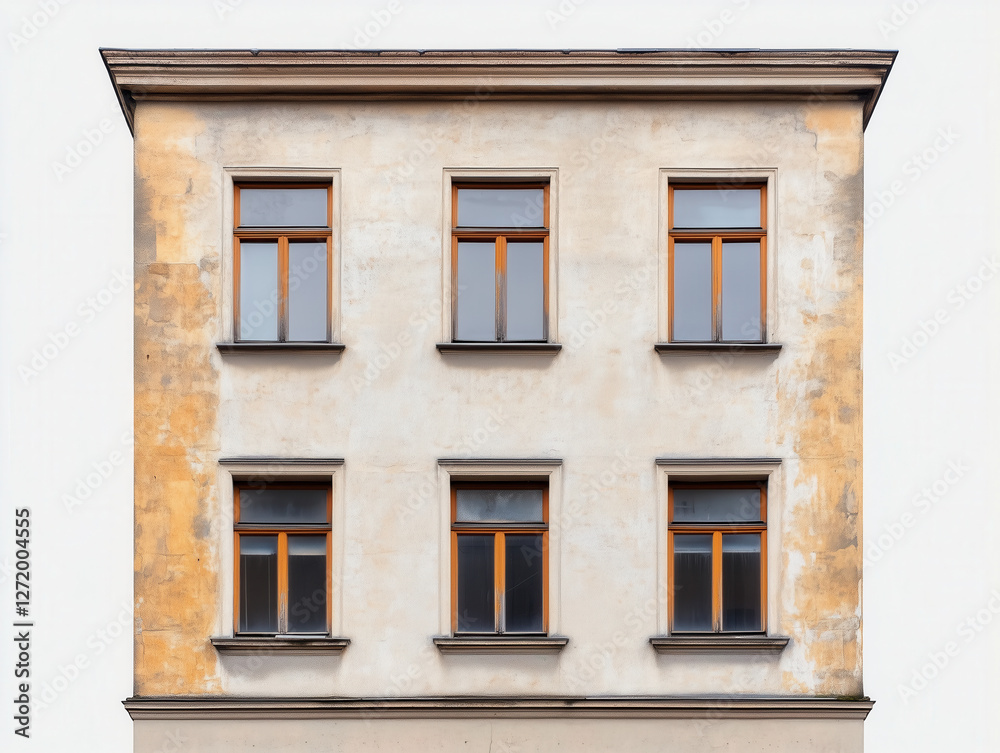 Obraz premium Weathered and Deteriorating Neoclassical Facade of an Abandoned Building Contrasts with a Pristine White Background.