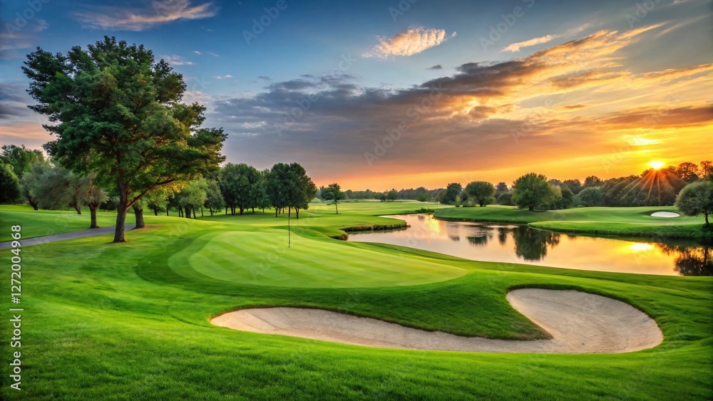 Naklejka premium Golfcourse, Beautiful landscape of a golf court with trees and green grass.