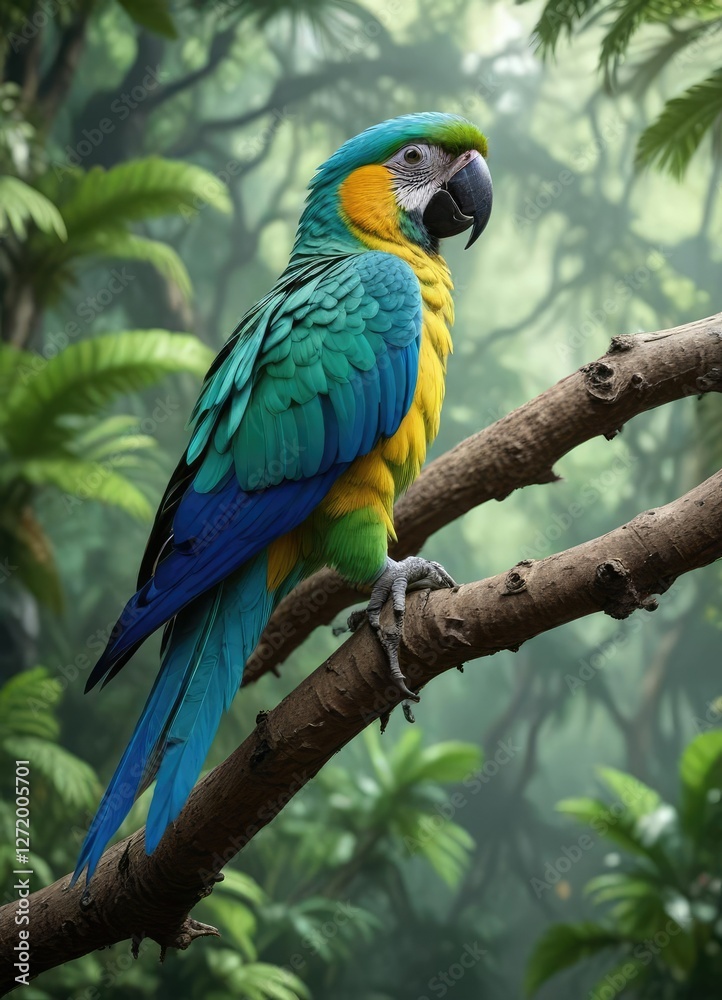 Fototapeta premium Colorful parrot with blue green feathers perched on a tropical branch in the forest canopy, nature's splendor, arboreal bird, forest habitat