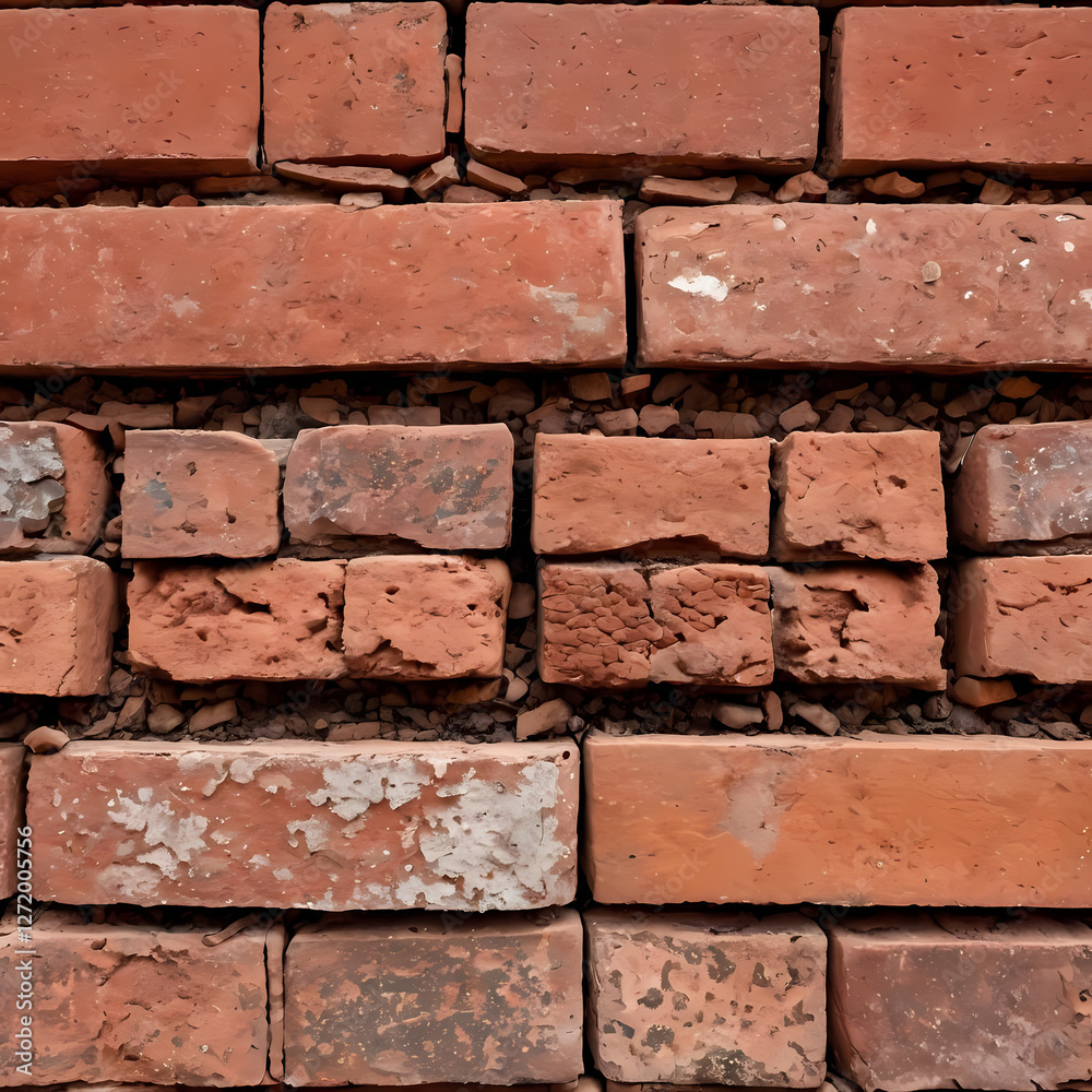 Fototapeta premium Close-up of six old, weathered red bricks arranged in two rows, showing texture and wear, isolated