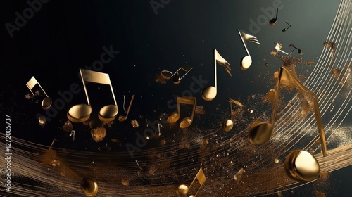 This image features an elegant arrangement of golden musical notes floating in a dark background, symbolizing harmony, creativity, and the beauty of music in a captivating way.