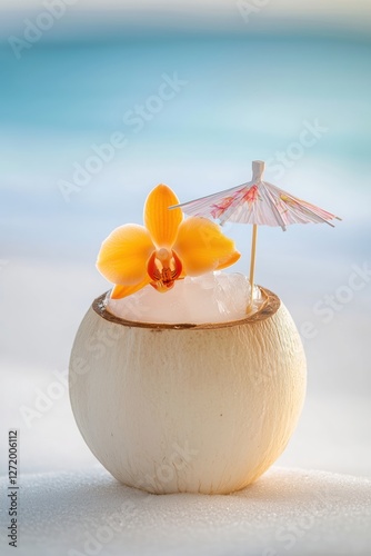 Refreshing coconut cocktail garnished with orchid and cocktail umbrella, embodying the essence of a perfect beach vacation