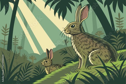 Photorealistic rabbits in jungle, lush green foliage, sunbeams through canopy, dramatic lighting, hyper-detailed fur textures, vibrant colors, wide-eyed expressions, tropical plants, mystical fores