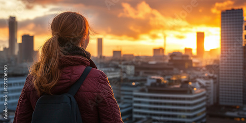 Cityscape Wanderer: Woman gazes at the skyline at sunset, a moment of urban reflection and adventure on a vibrant horizon.