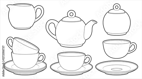 Hand drawing tea set. Teapot, milk jug, sugar bowl and cups and saucers. Black outline. Coloring page.	