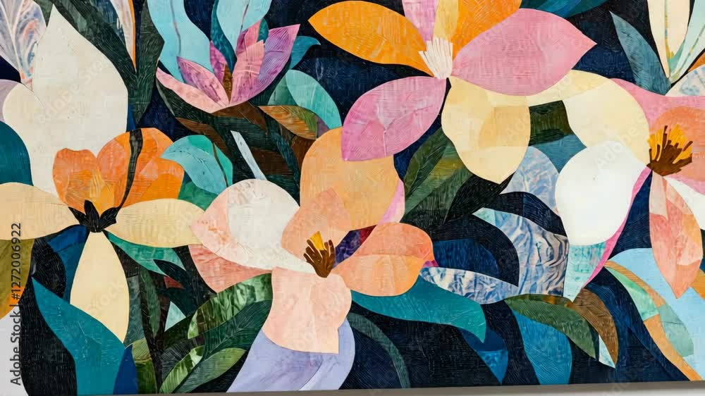 Colorful abstract floral artwork with vibrant petals and leaves displayed in a modern setting