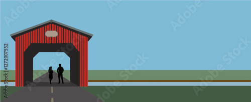 Indiana is featured in this rural themed poster. A red covered bridge, blue sky, a stream and flat grassland are the background for a young couple together inside the bridge. This is an illustration.