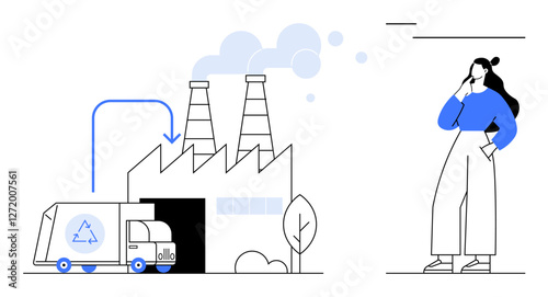 Recycling truck unloading at a factory with smokestacks emitting pollution. Nearby, a woman contemplates the scene. Ideal for sustainability, environment, waste management, pollution, recycling